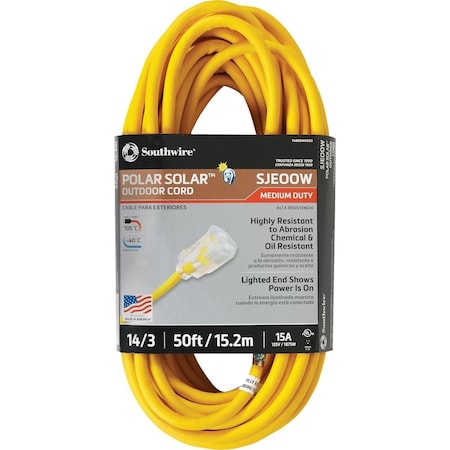 Southwire SJEOOW Extension Cord, 14 AWG, Outdoor, 14/3, 1 Outlets, 5-15R, Yellow, 5-15P, 50 ft 1488SW0002